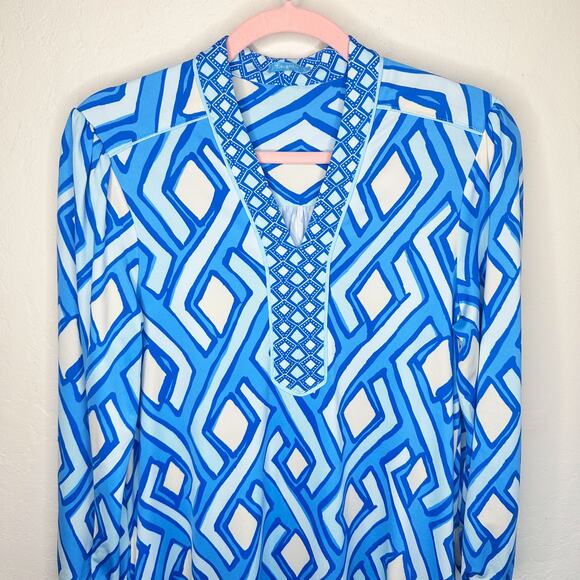 J McLaughlin Emer Long Sleeve Blue White Vilhada Souk Geometric Print Mini Dress - Picture 5 of 16